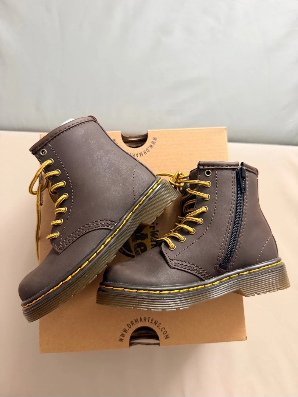 Dr. Martens Toddler Dark Brown Leather Lace-Up Boots with Yellow Stitching. New